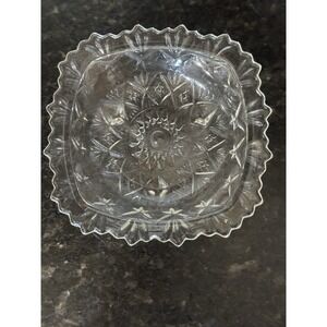 Vintage Clear Cut Glass Style MCM Dish Square Sawtooth Scalloped Rim Starburst